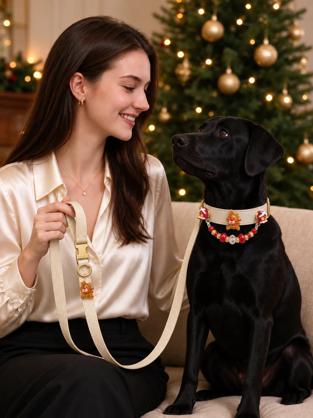 Weihnachtsschmuck-Halsband · Elfenbein an einem Haustier