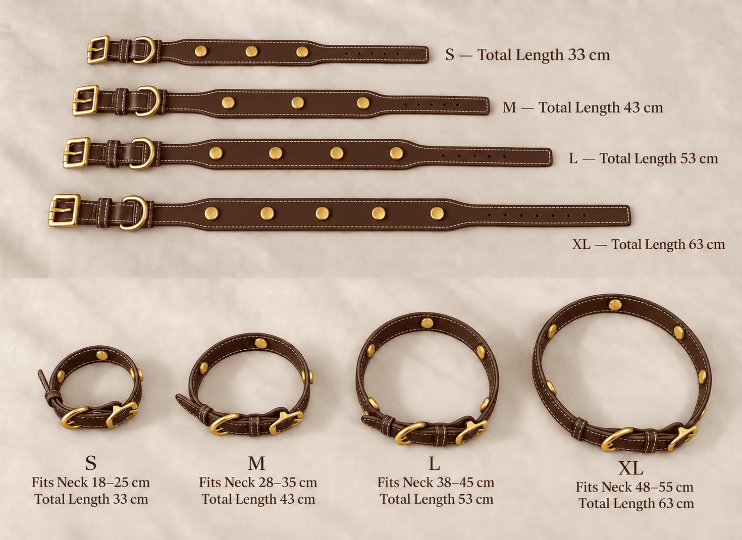 Brown collars: S 33 cm with 3 magnetic bases; M 43 cm with 3; L 53 cm with 4; XL 63 cm with 5.