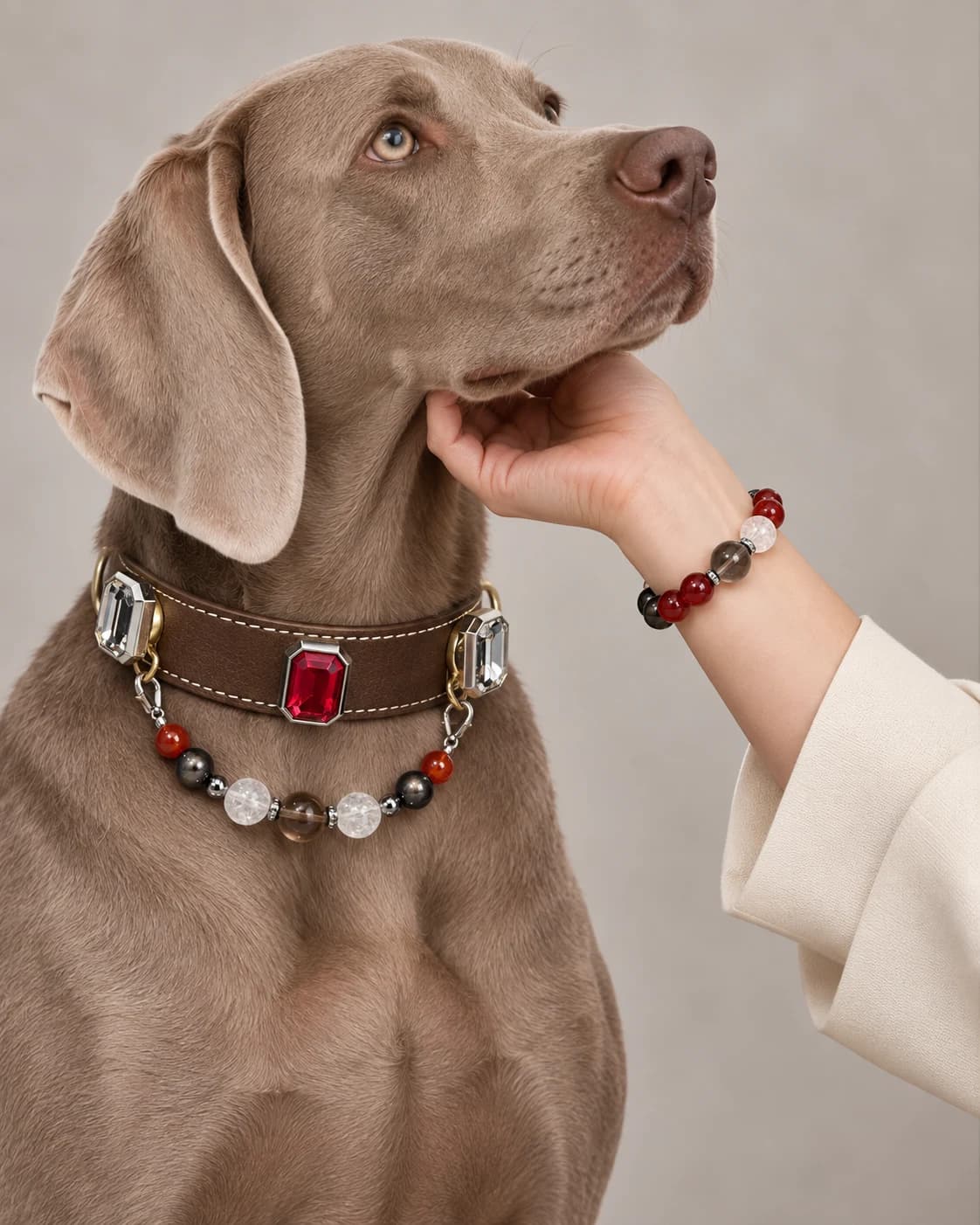 Rauchquarz-und-Roter-Achat-Halsband an einem Haustier