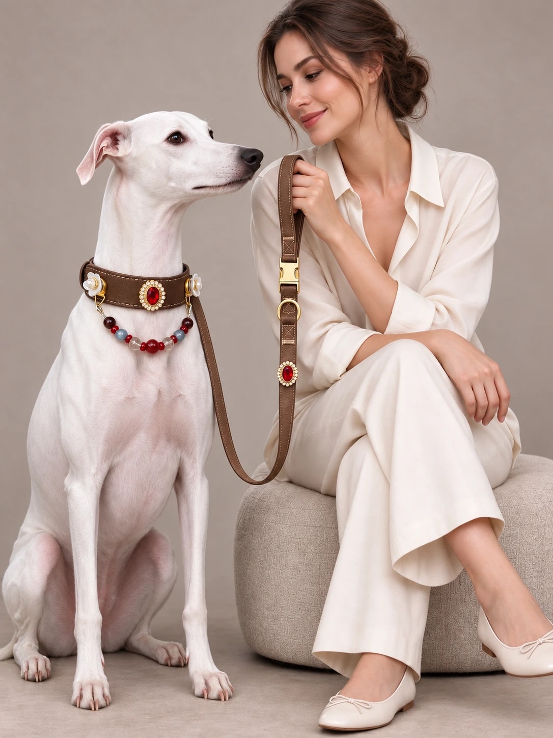 AI styling reference showing a white dog with a decorative collar beside a person holding a matching leash and wearing a bracelet