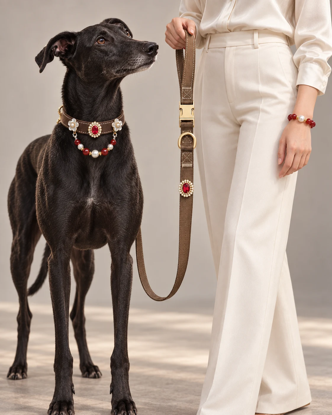 Scarlet Pearl Stylingreferenz mit schwarzem Hund und einer Person mit passendem Armband