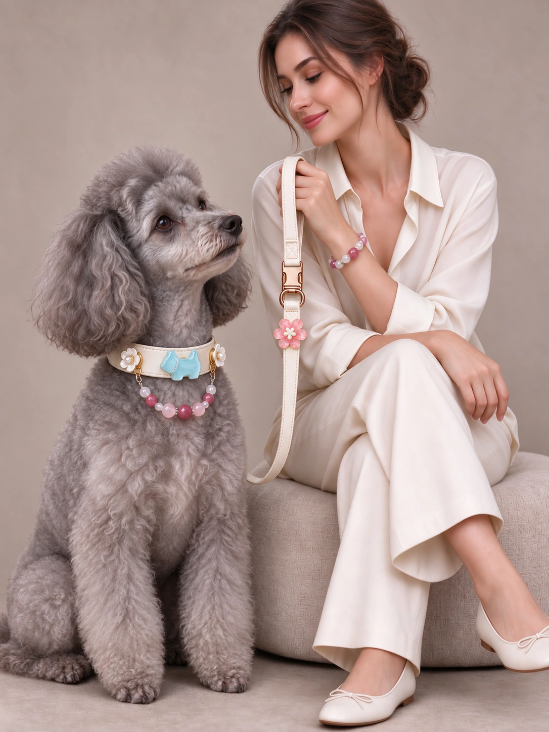 A woman and grey poodle together, styled with the ivory Rose Quartz Garden Puppy collar and coordinating pieces